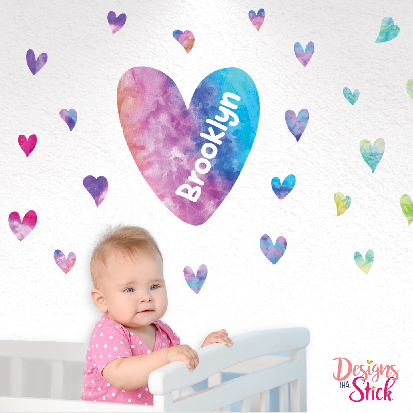 Watercolour Heart rainbow Personalised Wall Safe Stickers.  Removable Repositionable. Gift for Kids, Bedroom wall, door decal, baby nursery