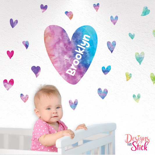 Watercolour Heart rainbow Personalised Wall Safe Stickers.  Removable Repositionable. Gift for Kids, Bedroom wall, door decal, baby nursery