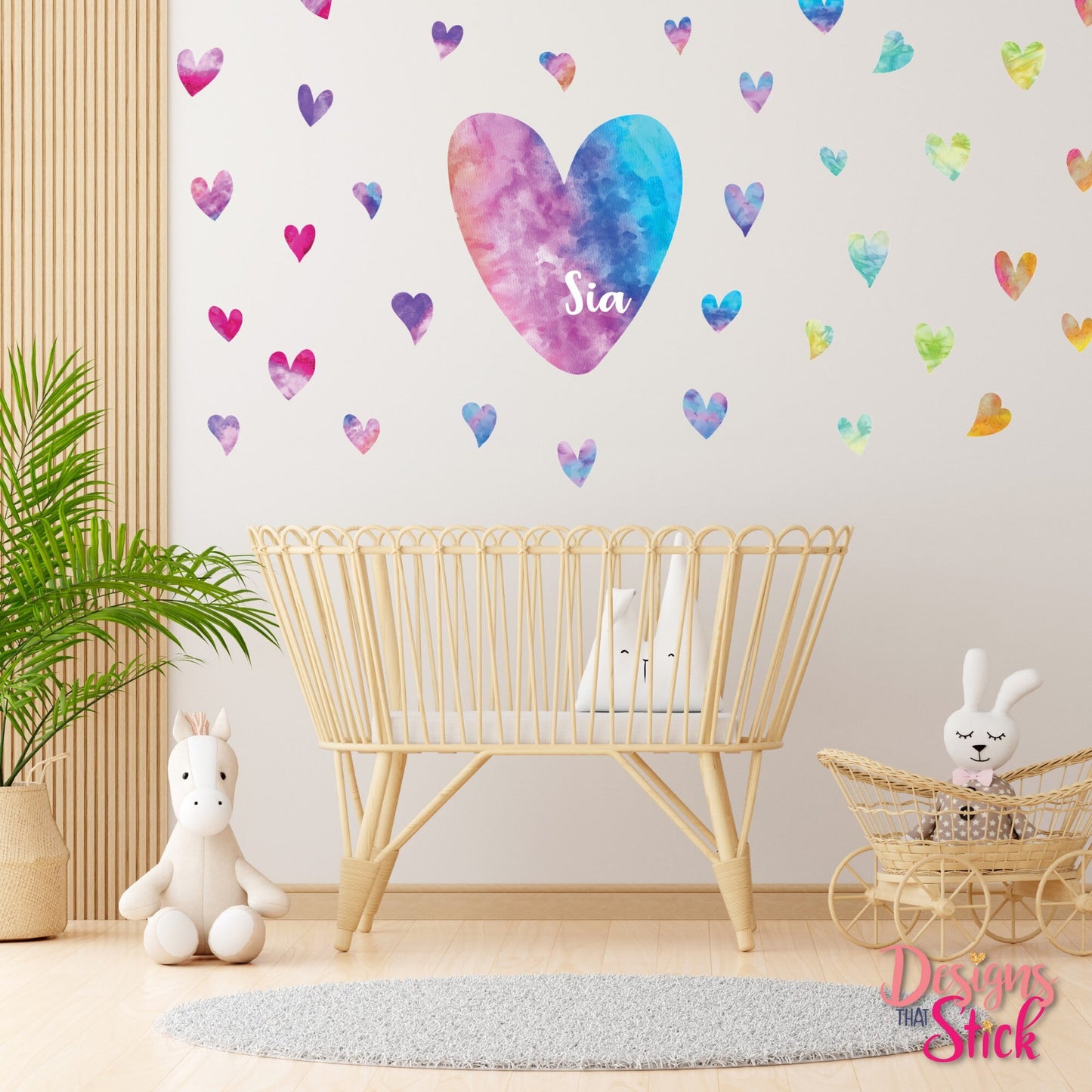 Watercolour Heart rainbow Personalised Wall Safe Stickers.  Removable Repositionable. Gift for Kids, Bedroom wall, door decal, baby nursery