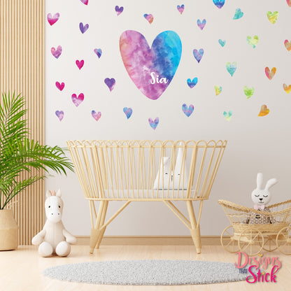 Watercolour Heart rainbow Personalised Wall Safe Stickers.  Removable Repositionable. Gift for Kids, Bedroom wall, door decal, baby nursery