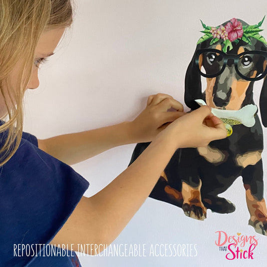 Dachshund Sausage Dog + Accessories Wall Safe Repositionable Fabric Sticker Set. Personalised Bedroom wall art for Baby, Child, Teen, Tween