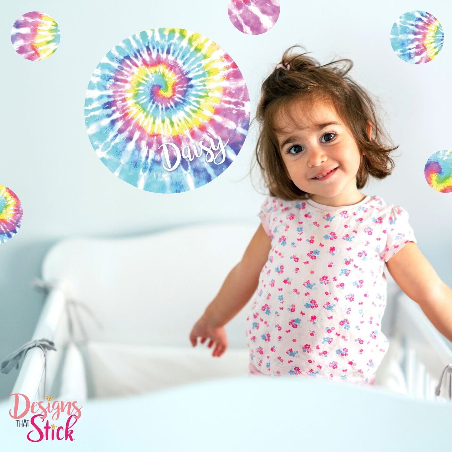 Tie Dye Rainbow Swirl Wall Stickers. Personalised Gift for Teenager. Removable & Repositionable Wall or door Safe. Name Decal.