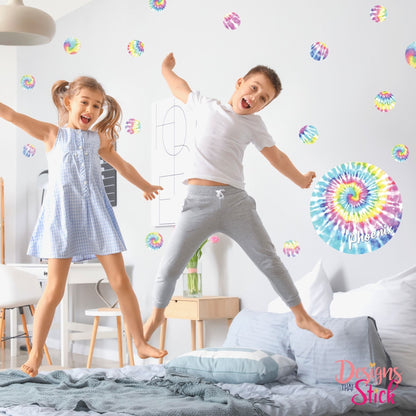 Tie Dye Rainbow Swirl Wall Stickers. Personalised Gift for Teenager. Removable & Repositionable Wall or door Safe. Name Decal.